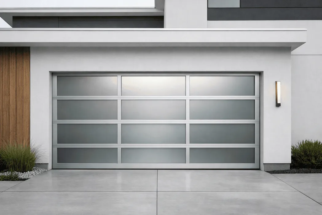 Double aluminum frame garage doors with tinted glass panels on a Utah residence