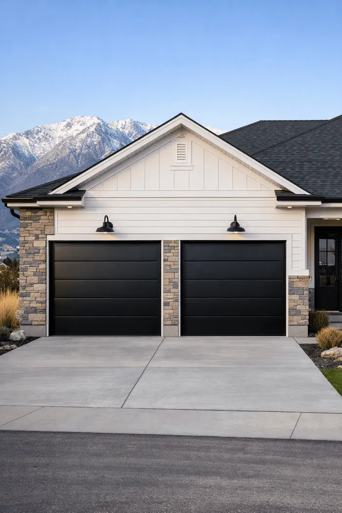 Black steel modern garage doors installed on a Utah residence